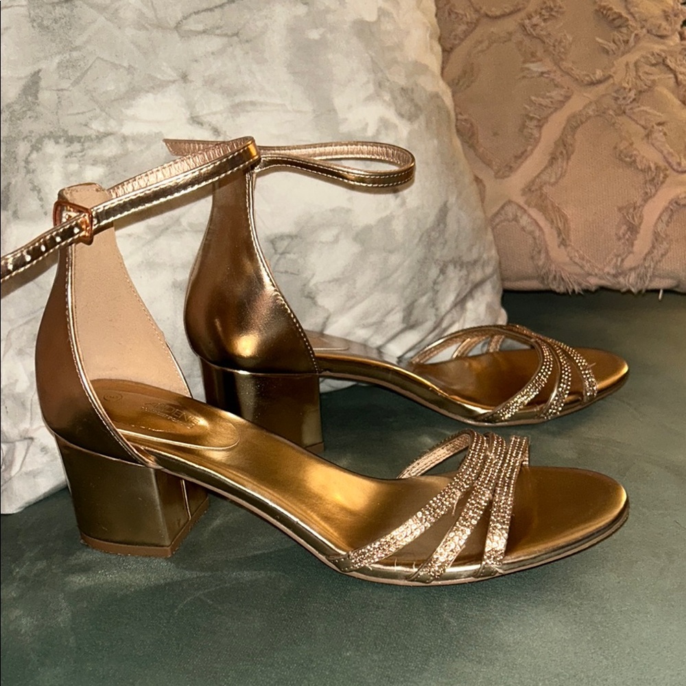 Rose gold strappy block heels